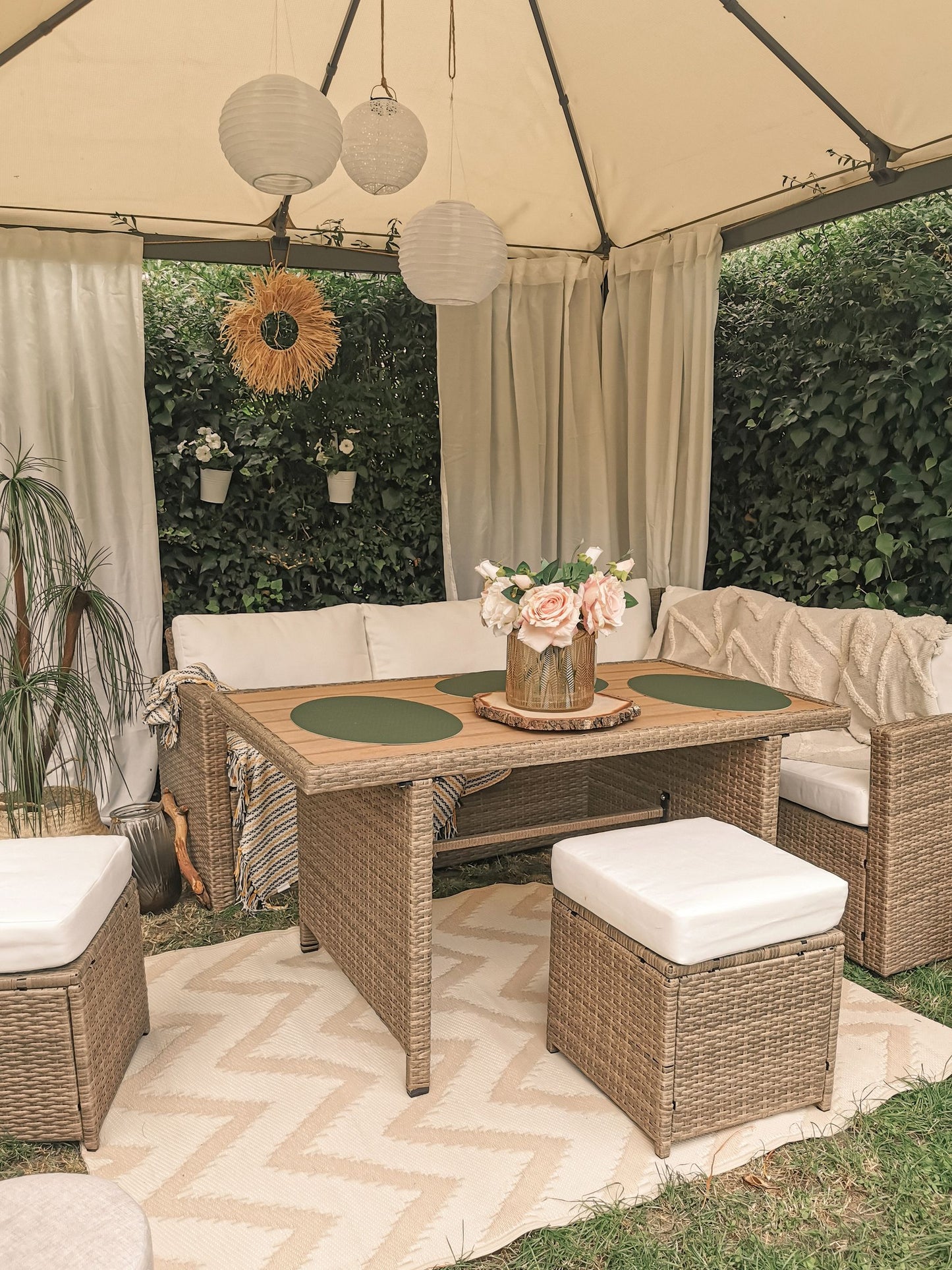 Loungeset met tafel en ottomaan 5-zitter (Bruin)